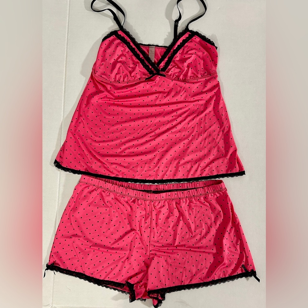 Plume Satin Polka Dot Pajama Set - Size L - Pink with Black Lace